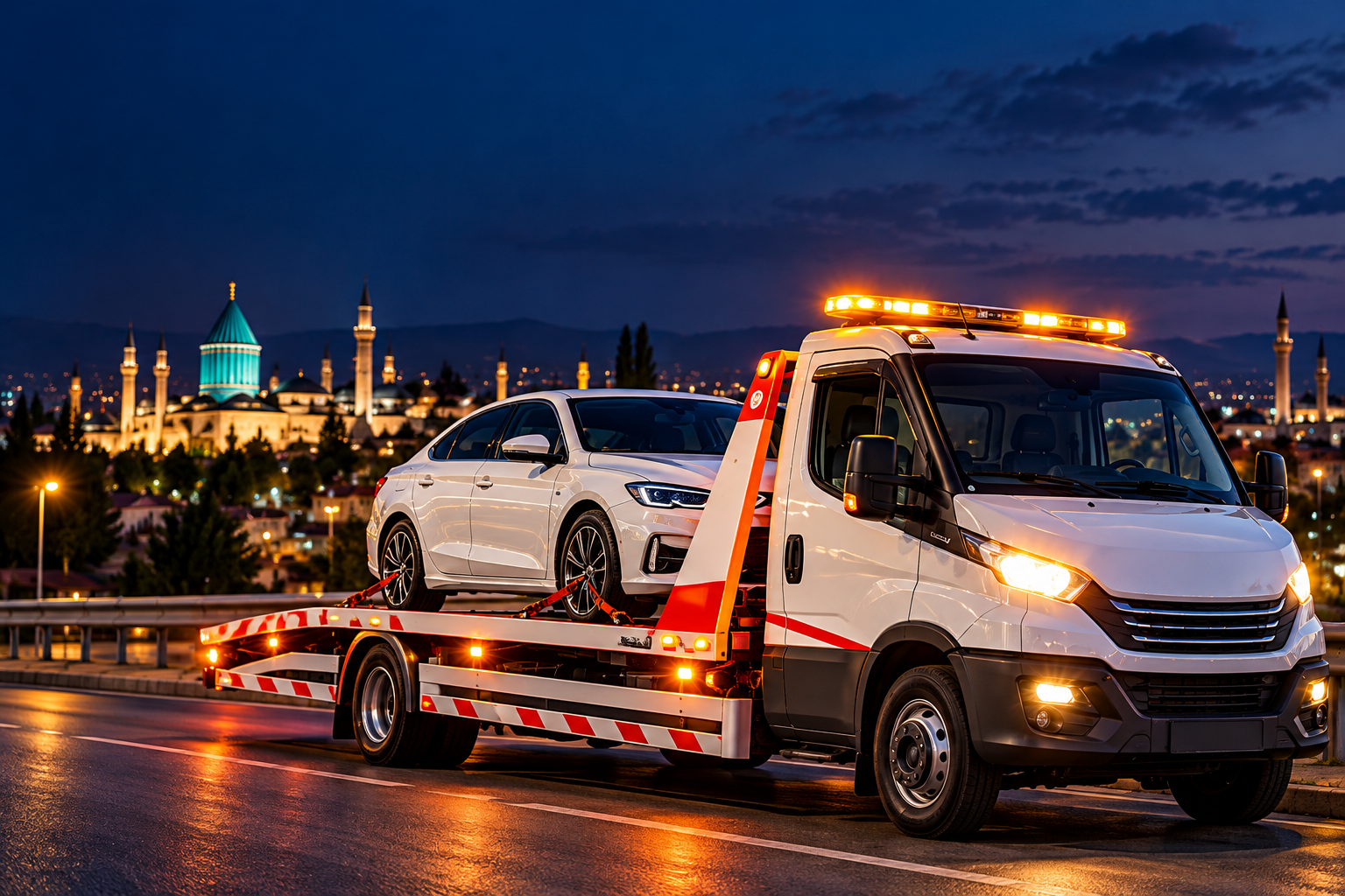 Konya'da oto çekici hizmetini temsil eden platform çekici ve taşınan otomobil